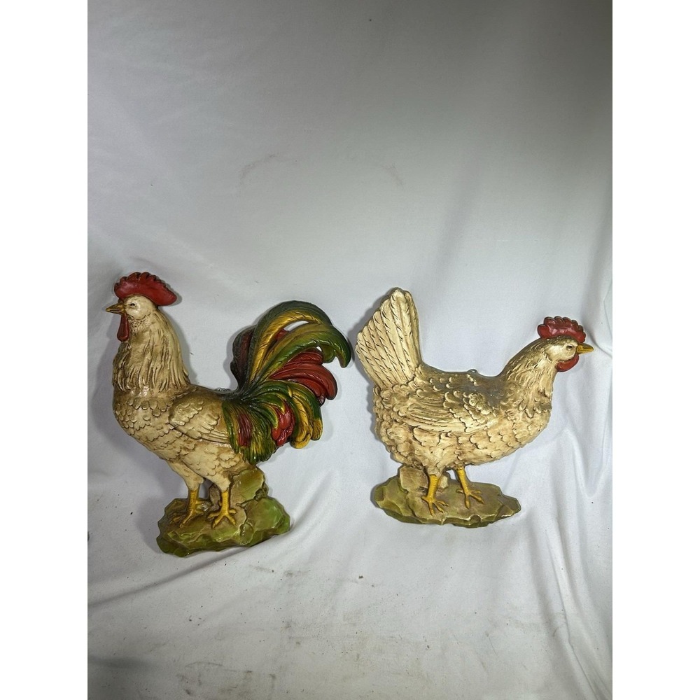 Vintage 1970s Homco Rooster and Hen Wall Decor Set Faux Wood Syroco Farmhouse